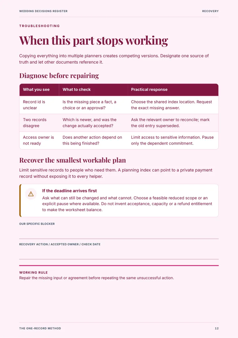 Wedding Decisions Register sample page 3