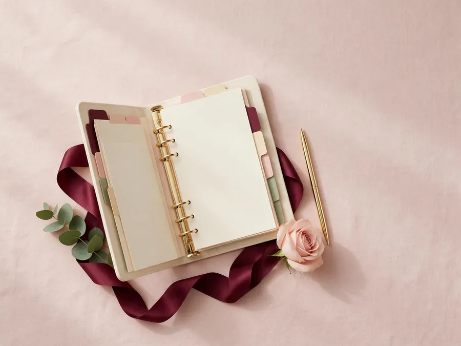 Wedding Decisions Register — editorial flat lay